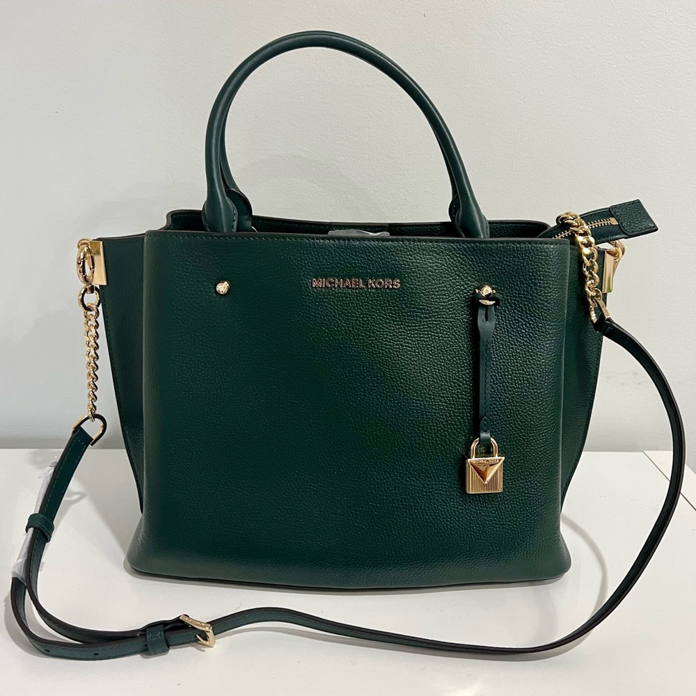Michael Kors Dark Green Leather Satchel with Gold Hardware
